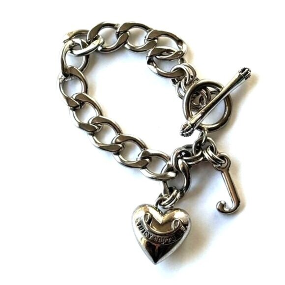 ✨ Vintage Juicy Couture Silver Tone Puff Heart Chunky Chain Link Bracelet - Picture 2 of 5